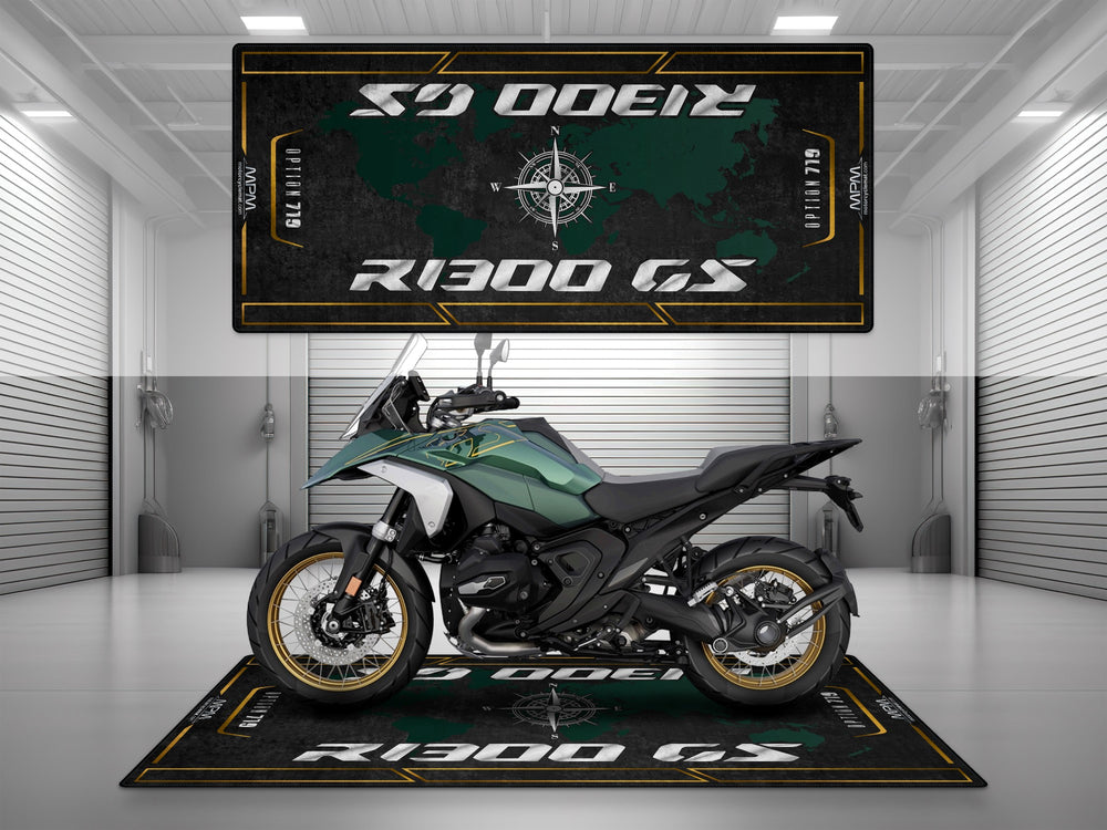 BMW R1300GS Option 719 garage mat and pit mat. Floor cover designed for bike zone setups, dual sport rides, and adventure-style showrooms.