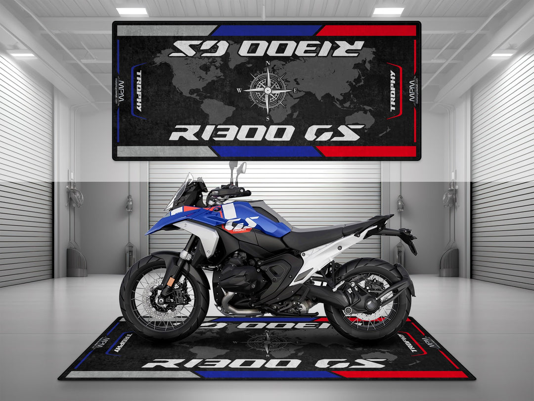 BMW R1300GS Trophy garage mat and pit mat. Floor cover designed for bike zone setups and dual sport adventures with showroom-level finish.