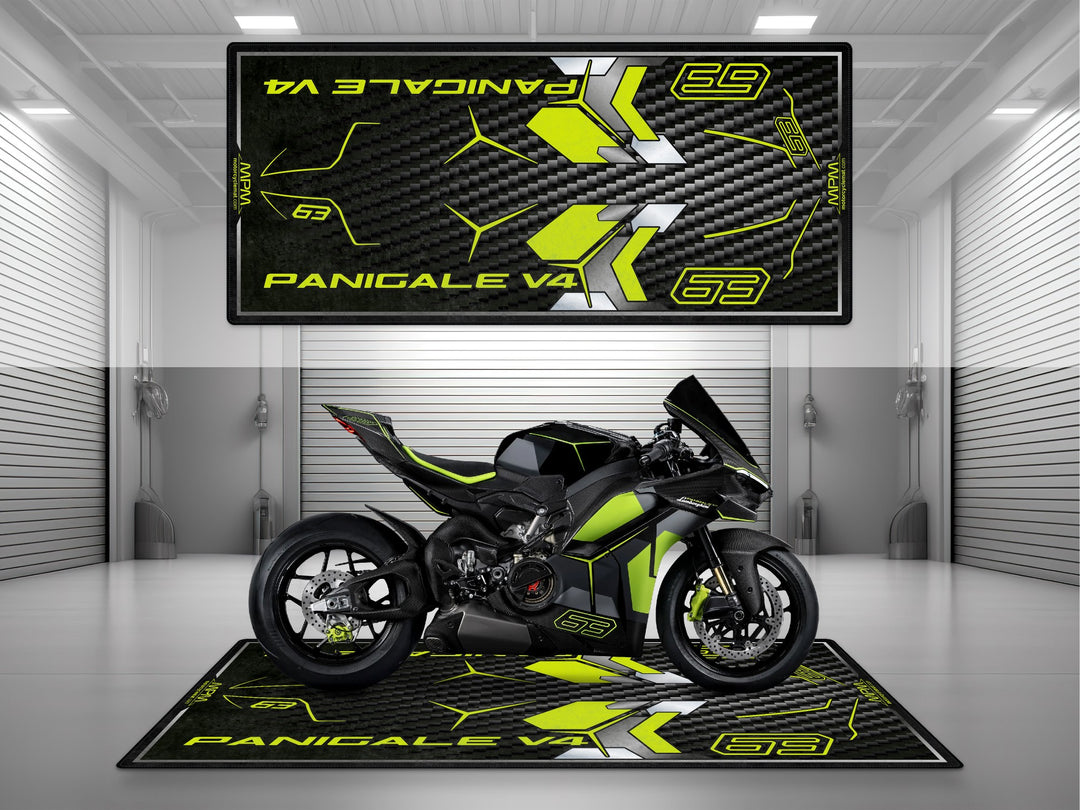 Ducati Panigale V4 Lamborghini Edition Black-Green Motorcycle Garage mat, parking mat, pit mat, showroom display, garage floor protection.