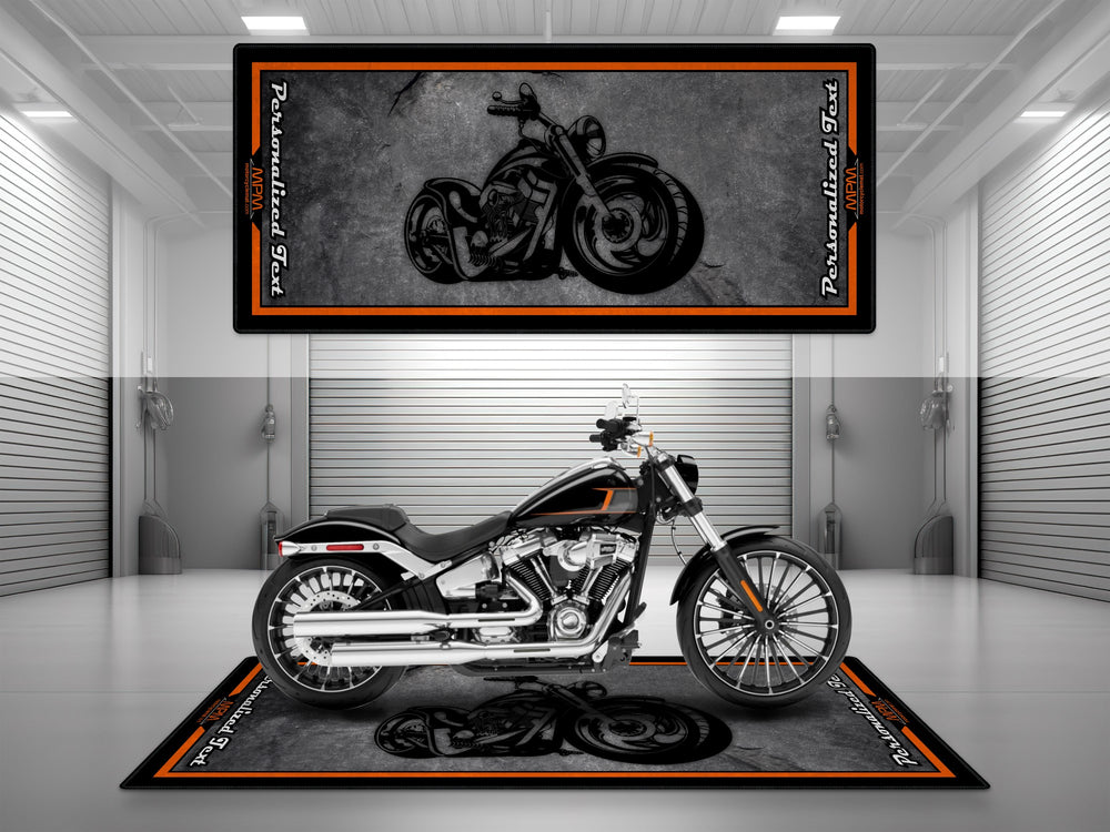 Indian Custom Chopper Black Motorcycle Garage mat, racetrack prep pit rug, motorcycle display carpet, rider essentials.