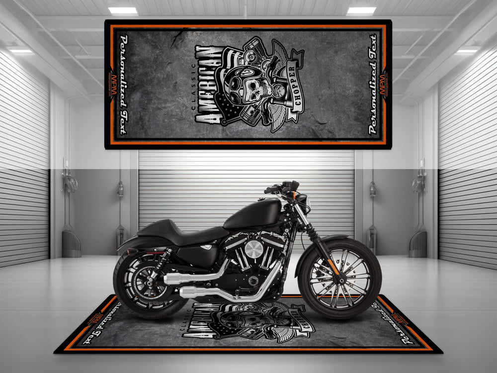 Indian American Chopper Black Motorcycle Garage mat, racetrack prep pit rug, motorcycle display carpet, rider essentials.