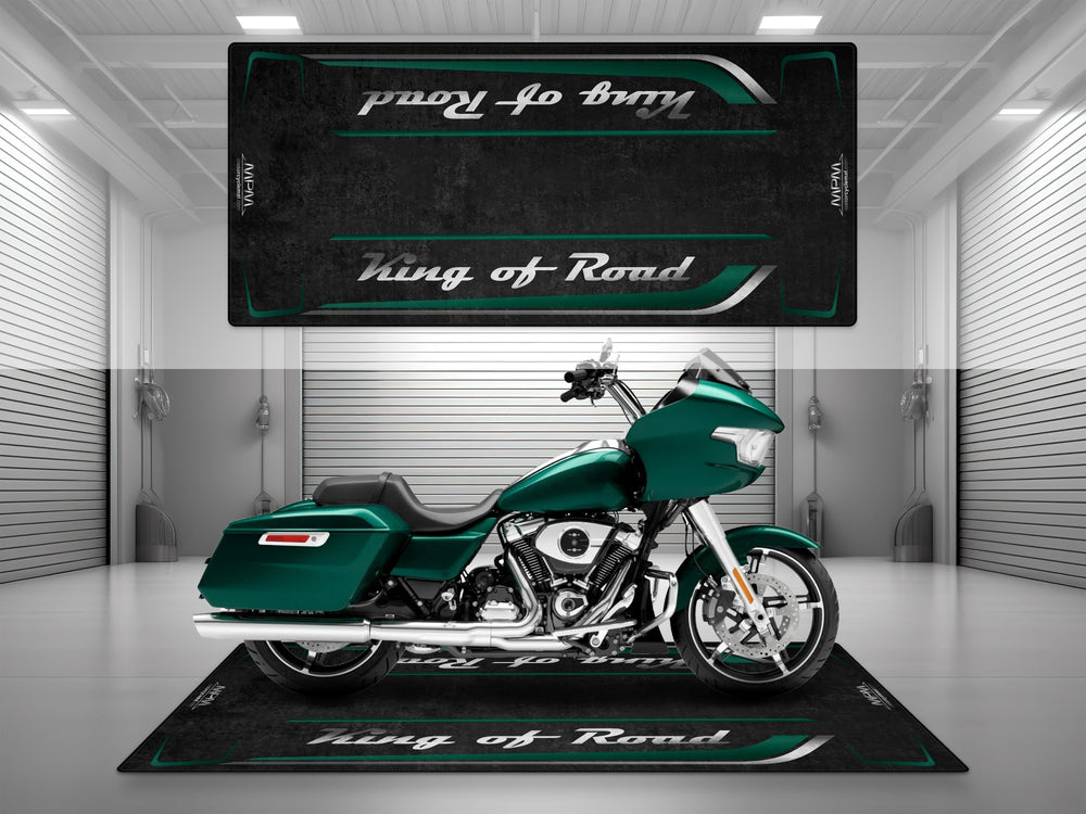 Harley Davidson Road Glide Alpine Green custom pit rug. Perfect for showroom floor, bike zone setups or as a striking floor cover.