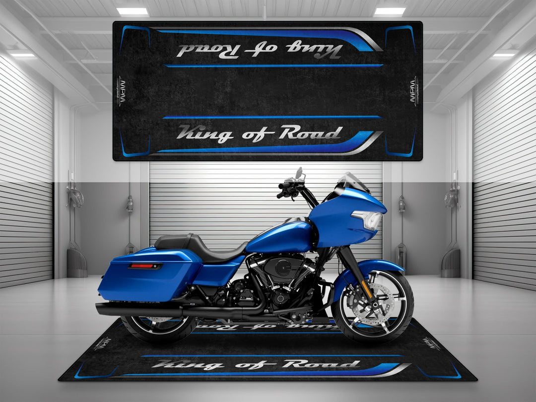 Harley Road Glide Blue Burst garage mat with Thermoplastic Rubber for garage floor protection. Ideal parking mat for rider essentials and gear.