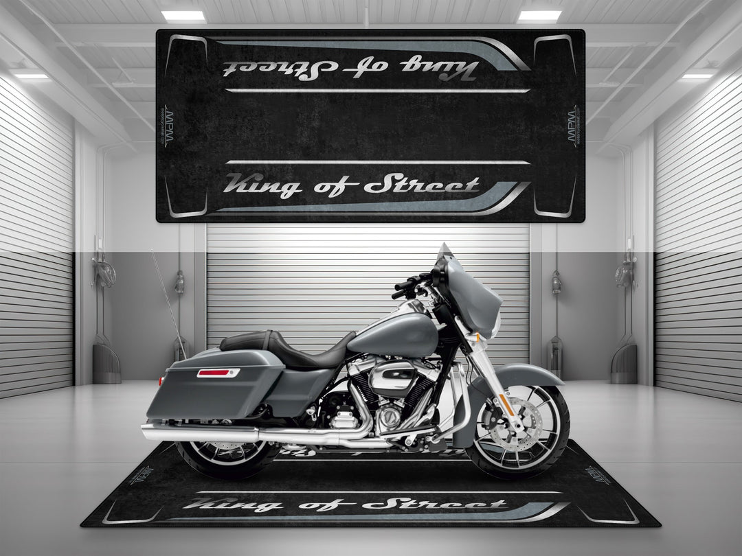 Motorcycle garage pit mat designed for Harley Davidson Street Glide in Atlas Silver Metallic color