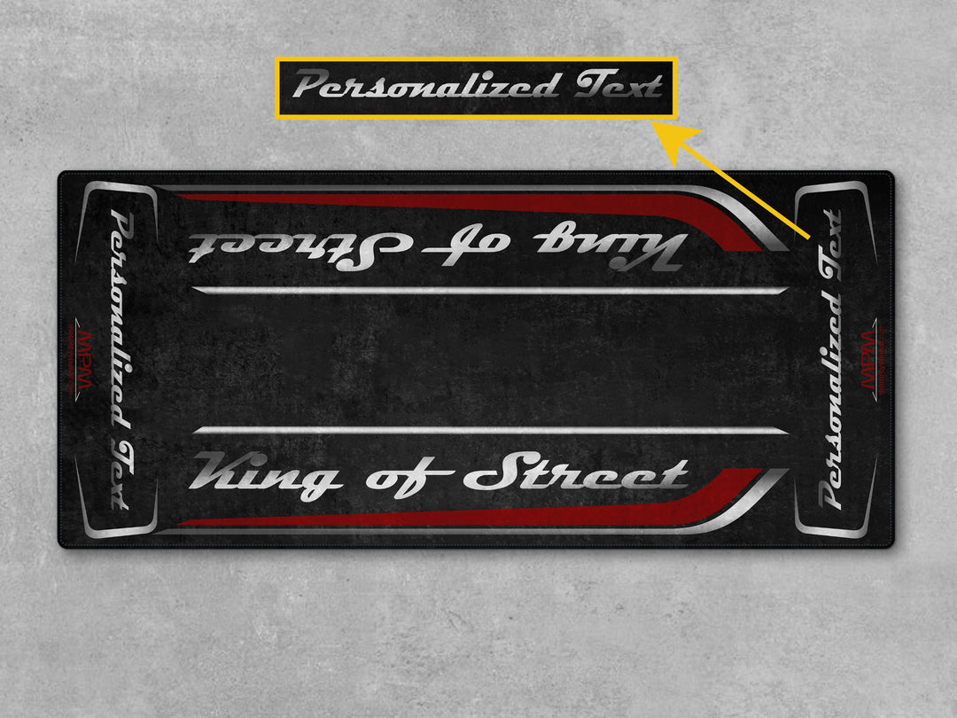 Motorcycle display mat for Harley Street Glide Redline Red. Durable carpet for garage floor protection and racetrack-inspired styling.