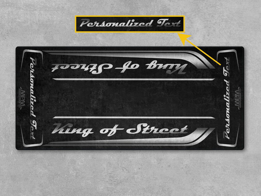 White Onyx Pearl Street Glide rug—garage mat with non-slip base, ideal for bike zone, motorcycle gear, parts, or racetrack presentation.