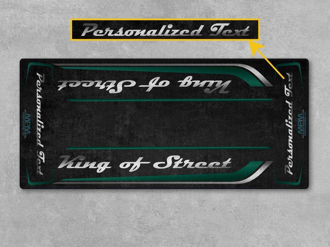 Custom pit rug for Street Glide Alpine Green. Motorcycle display mat ideal for racetrack prep, parts, and superbike garage setups.