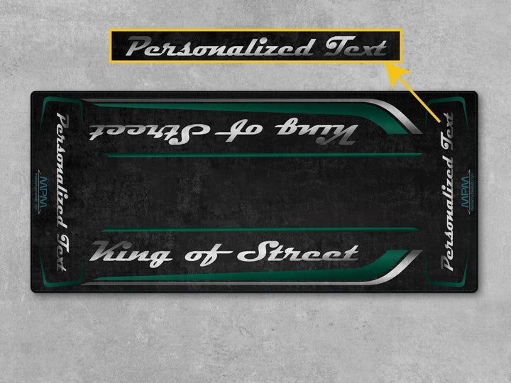 Custom pit rug for Street Glide Alpine Green. Motorcycle display mat ideal for racetrack prep, parts, and superbike garage setups.