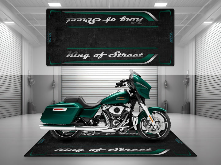 Street Glide Alpine Green parking mat with Thermoplastic Rubber for garage floor protection. A perfect rug for your motorcycle gear or rider zone.