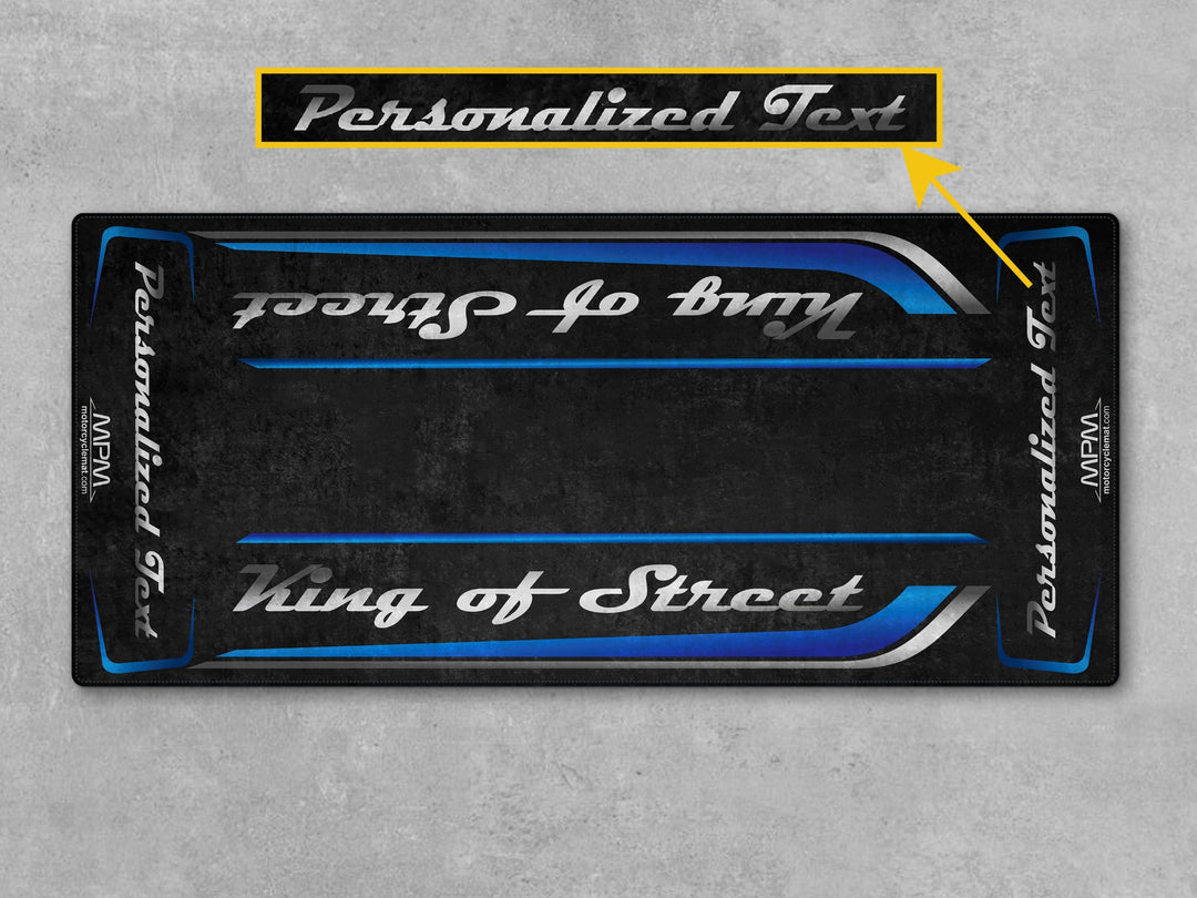 Street Glide Blue Burst pit mat fits superbike garage or showroom use. Durable carpet for accessories and motorcycle gear setup.