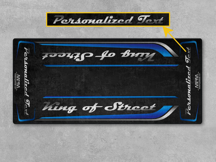 Street Glide Blue Burst pit mat fits superbike garage or showroom use. Durable carpet for accessories and motorcycle gear setup.