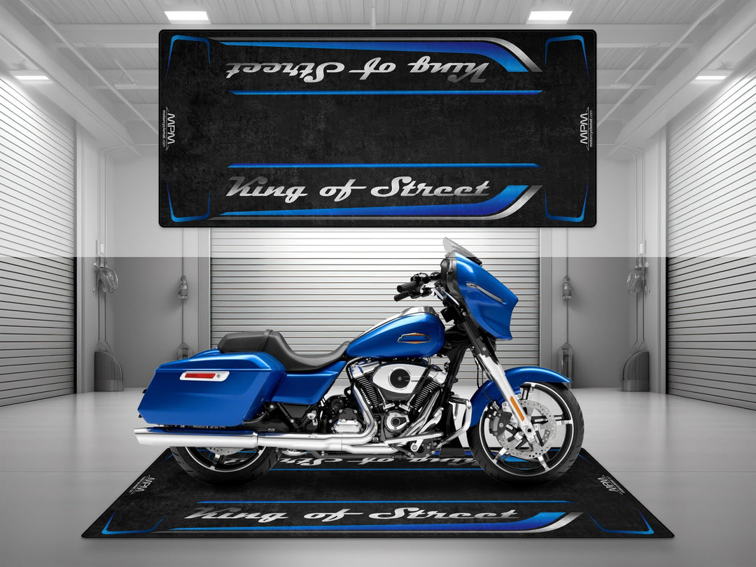 Blue Burst Street Glide motorcycle display mat for track prep, bike zone, and rider essentials. Great gift for Harley riders.