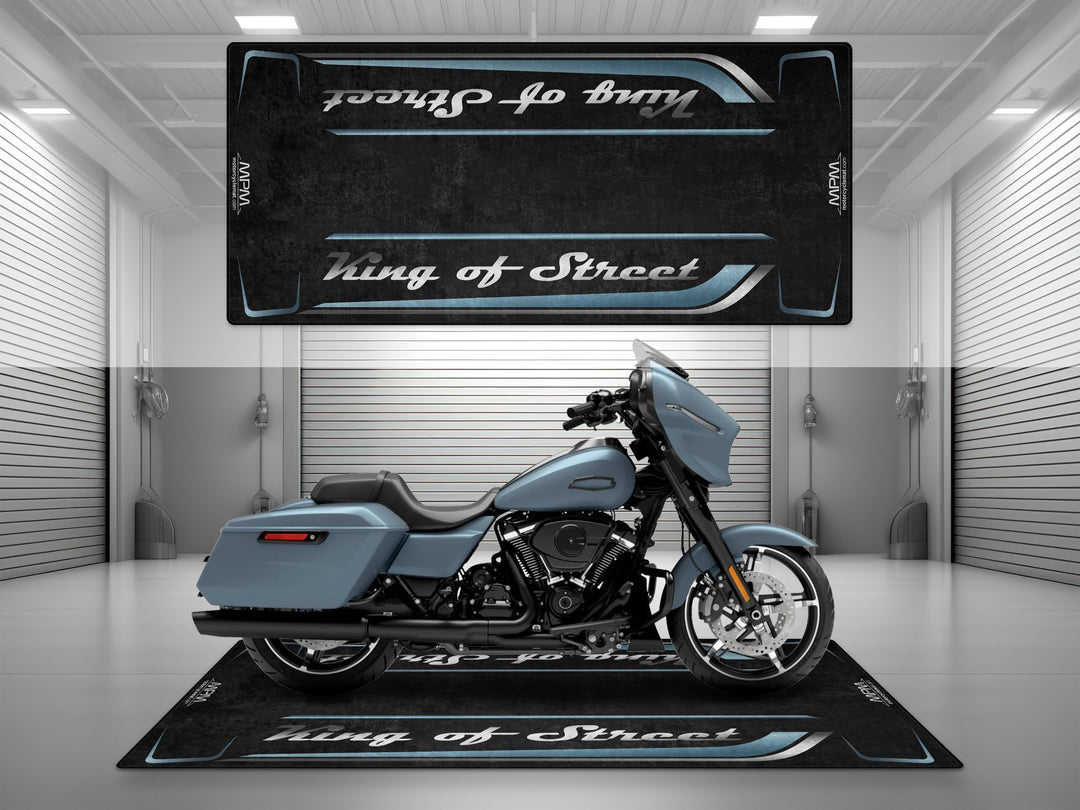 Street Glide Sharkskin Blue garage mat for showroom or racetrack. A stylish floor cover and rug for Harley riders and motorcycle gear setups.