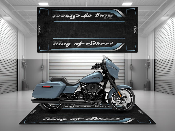 Street Glide Sharkskin Blue garage mat for showroom or racetrack. A stylish floor cover and rug for Harley riders and motorcycle gear setups.