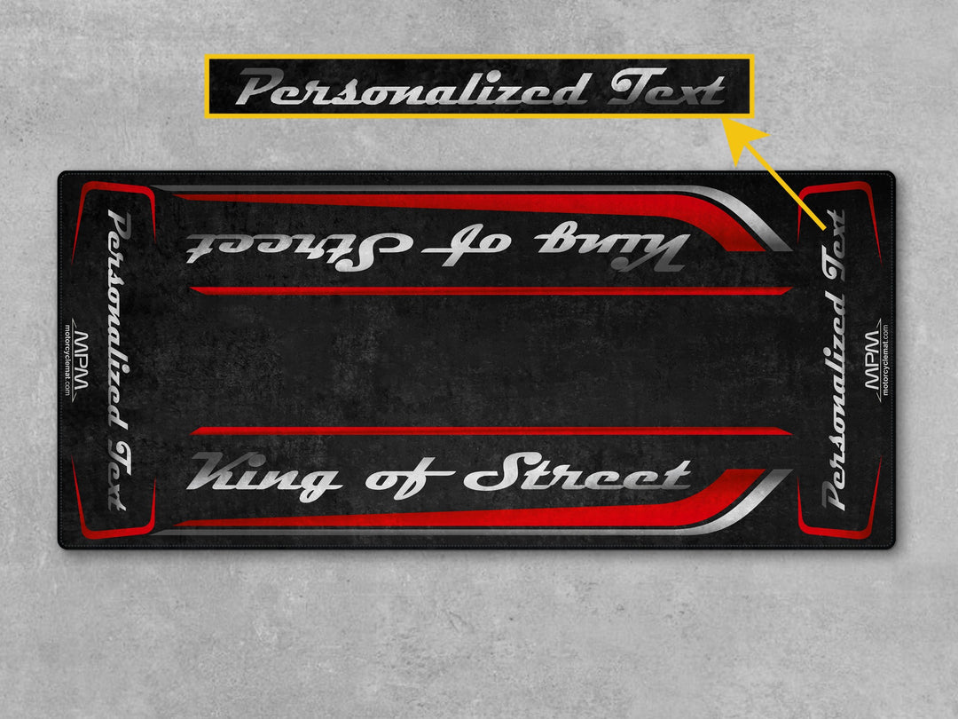 Whiskey Fire motorcycle display mat for parts, accessory, and track prep use. A stylish carpet made for superbike garage setups.