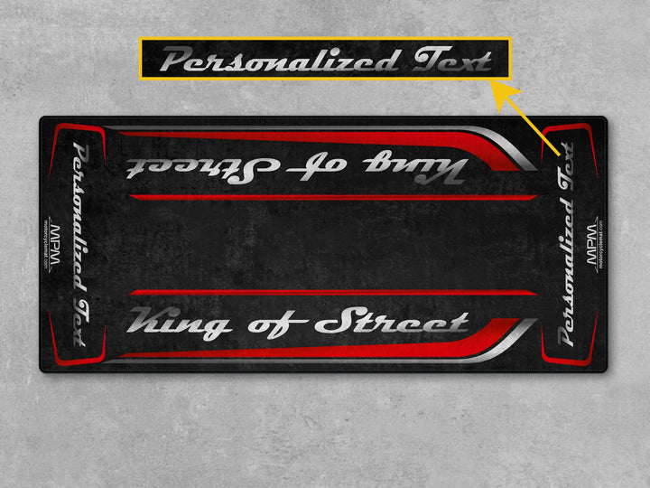 Whiskey Fire motorcycle display mat for parts, accessory, and track prep use. A stylish carpet made for superbike garage setups.