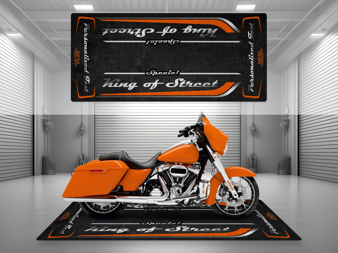 Customizable motorcycle garage pit mat designed for Harley Davidson Street Glide Special in Baja Orange color.