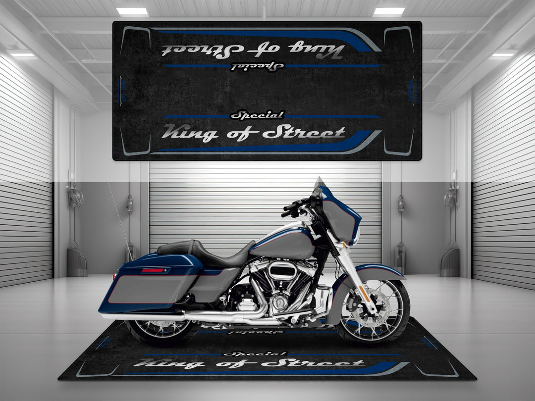 Motorcycle garage pit mat designed for Harley Davidson Street Glide Special in Bright Billiard Blue color.