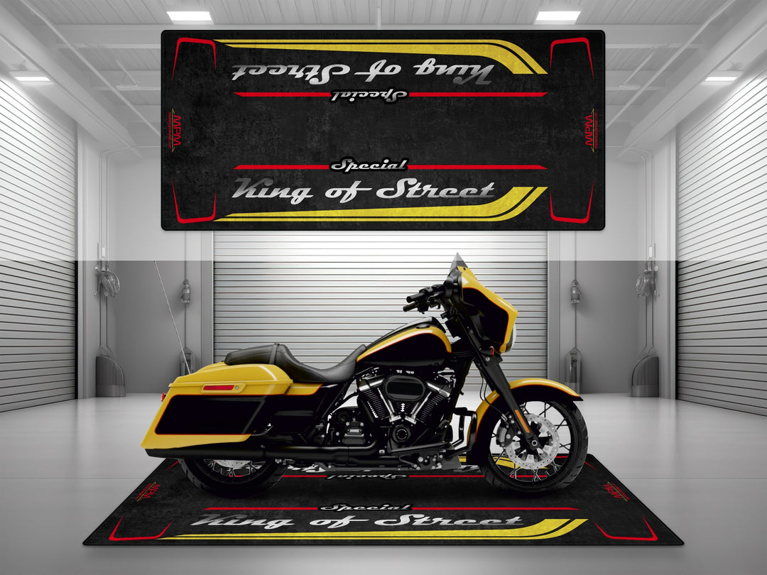 Motorcycle garage pit mat designed for Harley Davidson Street Glide Special in Industrial Yellow color.