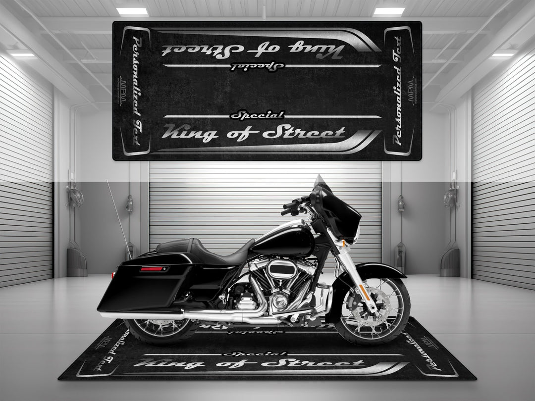 Customizable motorcycle garage pit mat designed for Harley Davidson Street Glide Special in Vivid Black color.