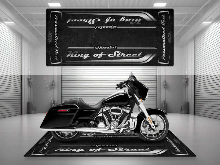 Customizable motorcycle garage pit mat designed for Harley Davidson Street Glide Special in Vivid Black color.