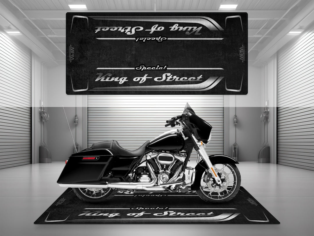 Motorcycle garage pit mat designed for Harley Davidson Street Glide Special in Vivid Black color.
