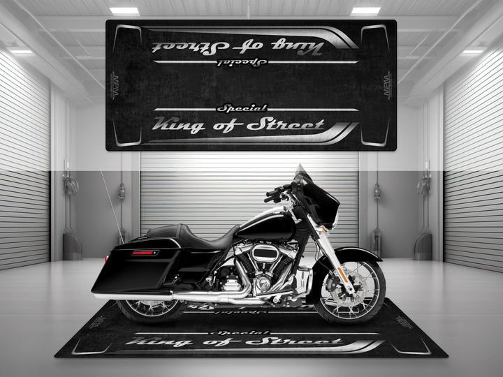 Motorcycle garage pit mat designed for Harley Davidson Street Glide Special in Vivid Black color.