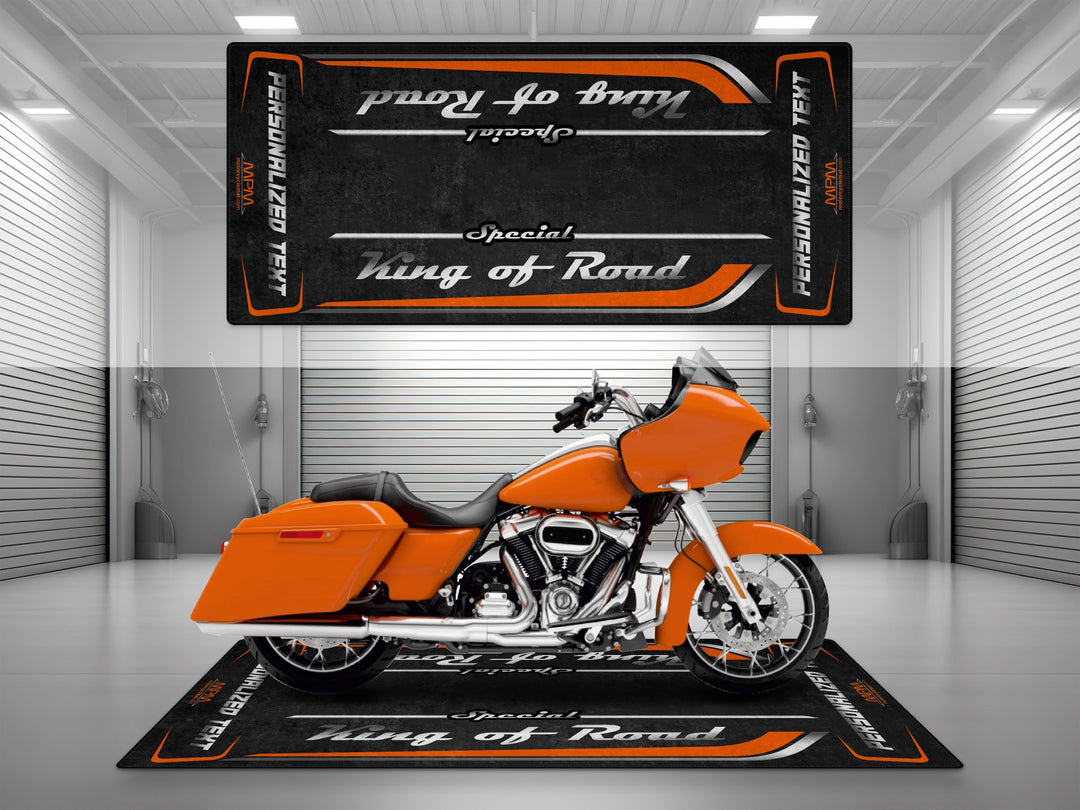 Customizable motorcycle garage pit mat designed for Harley Davidson Road Glide Special in Baja Orange color.