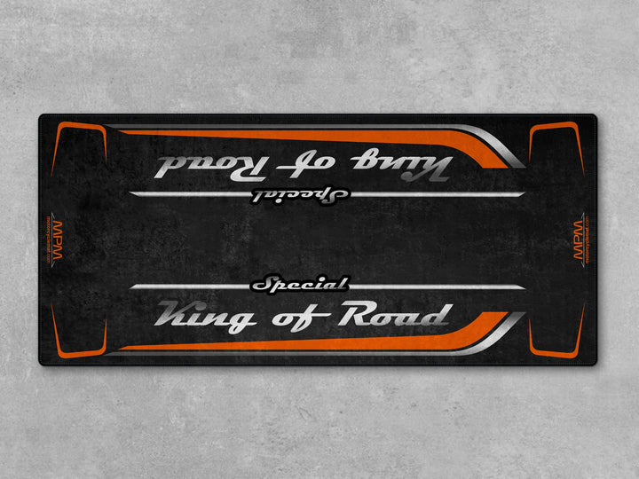 Garage mat for Harley Davidson Road Glide Baja Orange—ideal floor cover and showroom-ready carpet for garage floor protection.
