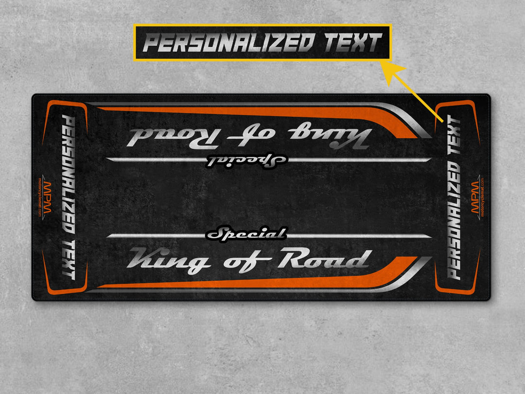 Custom pit rug for Harley Road Glide Baja Orange—perfect for your superbike garage, track prep, and bike zone elegance.