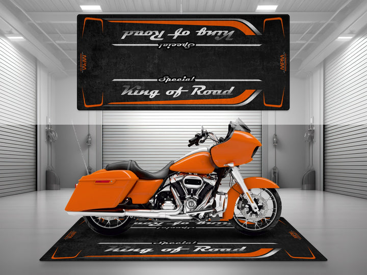 Motorcycle garage pit mat designed for Harley Davidson Road Glide Special in Baja Orange color.