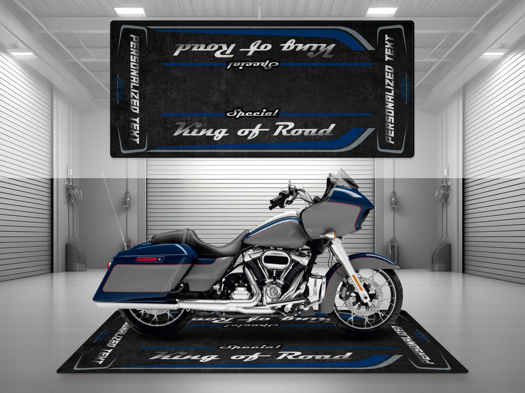 Customizable motorcycle garage pit mat designed for Harley Davidson Road Glide Special in Bright Billiard Blue color
