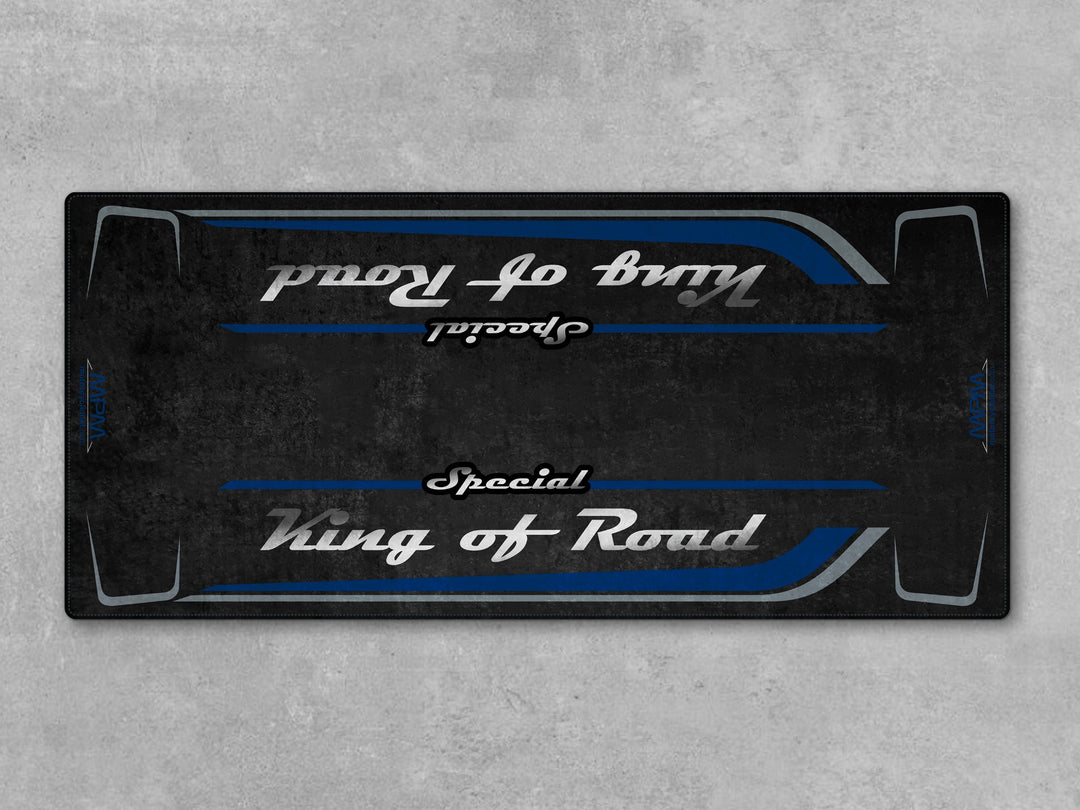 Garage mat for Harley Davidson Road Glide Bright Billiard Blue—ideal floor cover for garage floor protection and showroom style.