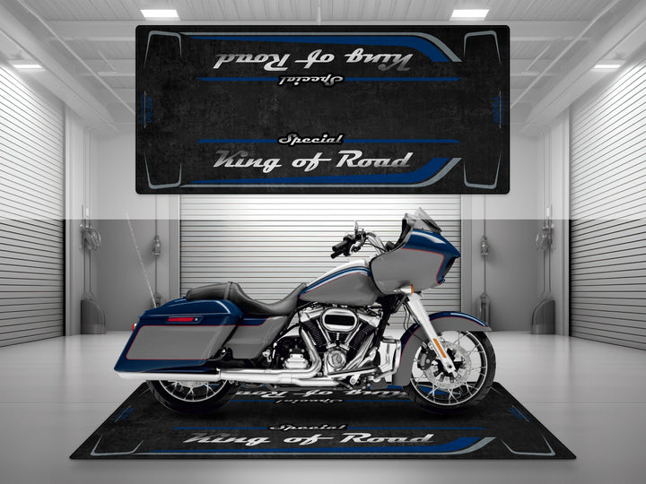 Motorcycle garage pit mat designed for Harley Davidson Road Glide Special in Bright Billiard Blue color.