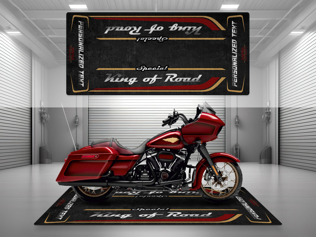 Customizable motorcycle garage pit mat designed for Harley Davidson Road Glide Special in Heirloom Red Fade color.