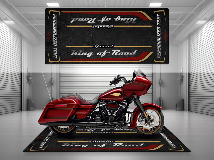 Customizable motorcycle garage pit mat designed for Harley Davidson Road Glide Special in Heirloom Red Fade color.