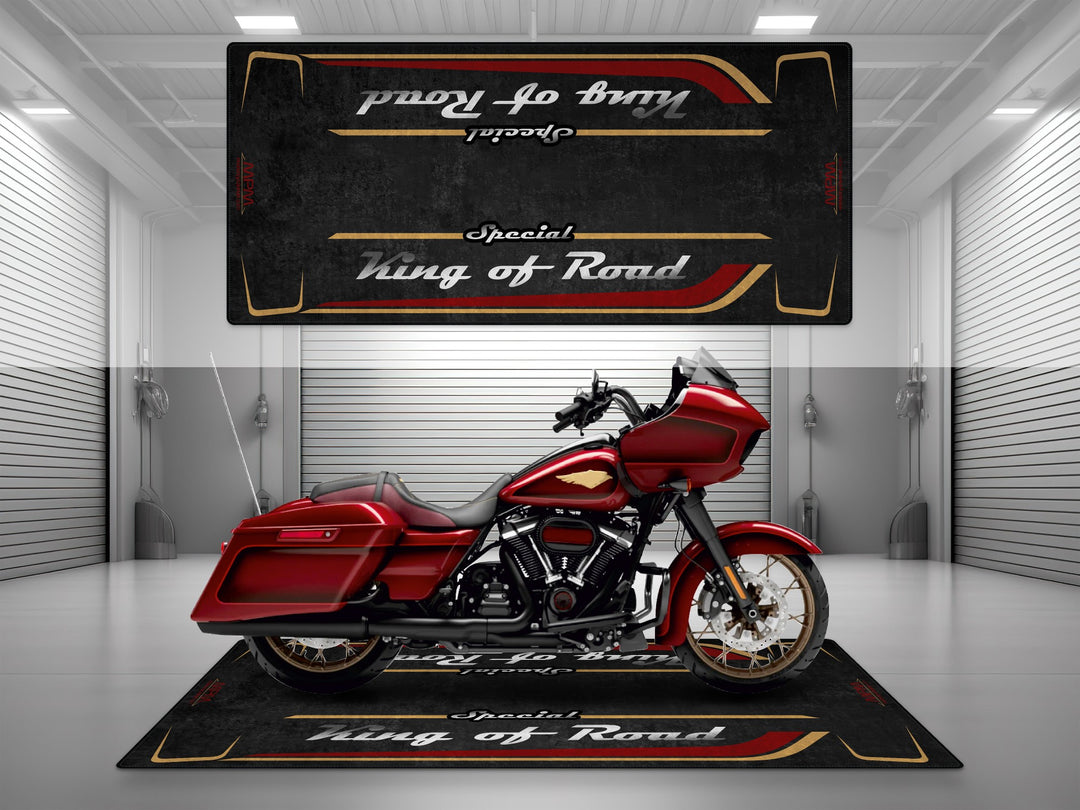 Motorcycle parking mat for Road Glide Special—ideal rug for rider essentials, showroom setups and racetrack prep.