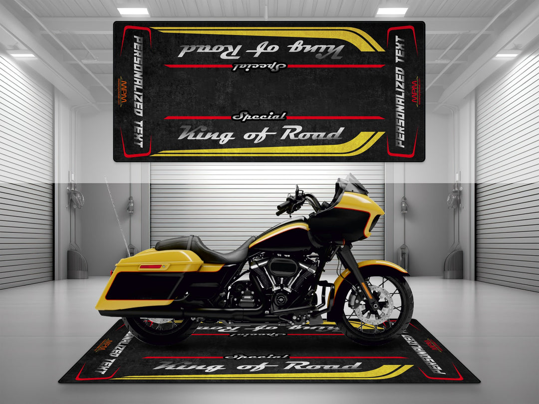 Customizable motorcycle garage pit mat designed for Harley Davidson Road Glide Special in Industrial Yellow color.
