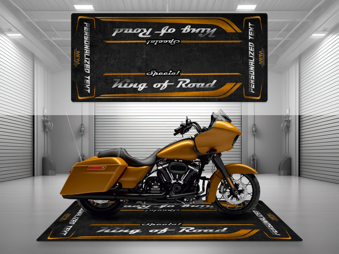 Customizable motorcycle garage pit mat designed for Harley Davidson Road Glide Special in Prospect Gold color.