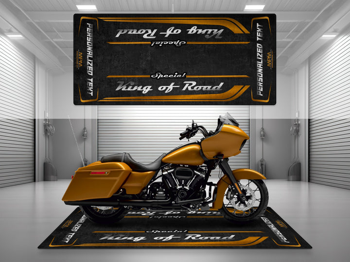 Customizable motorcycle garage pit mat designed for Harley Davidson Road Glide Special in Prospect Gold color.