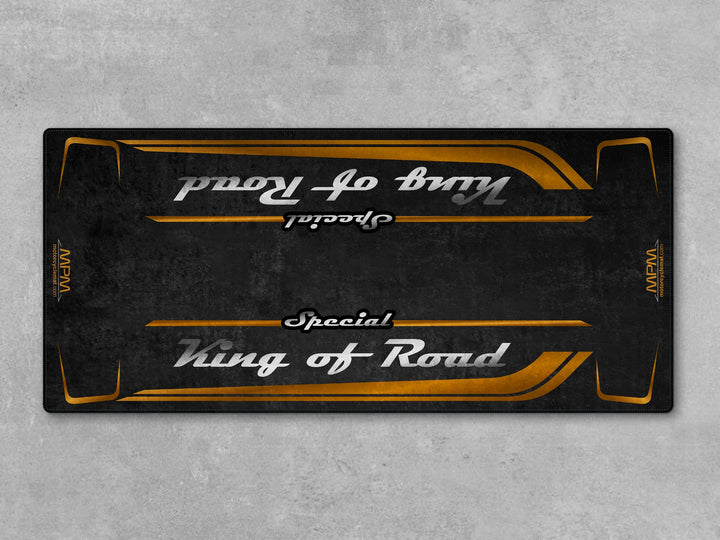 Garage mat for Harley Davidson Road Glide Prospect Gold—perfect floor cover with non-slip Thermoplastic Rubber base.