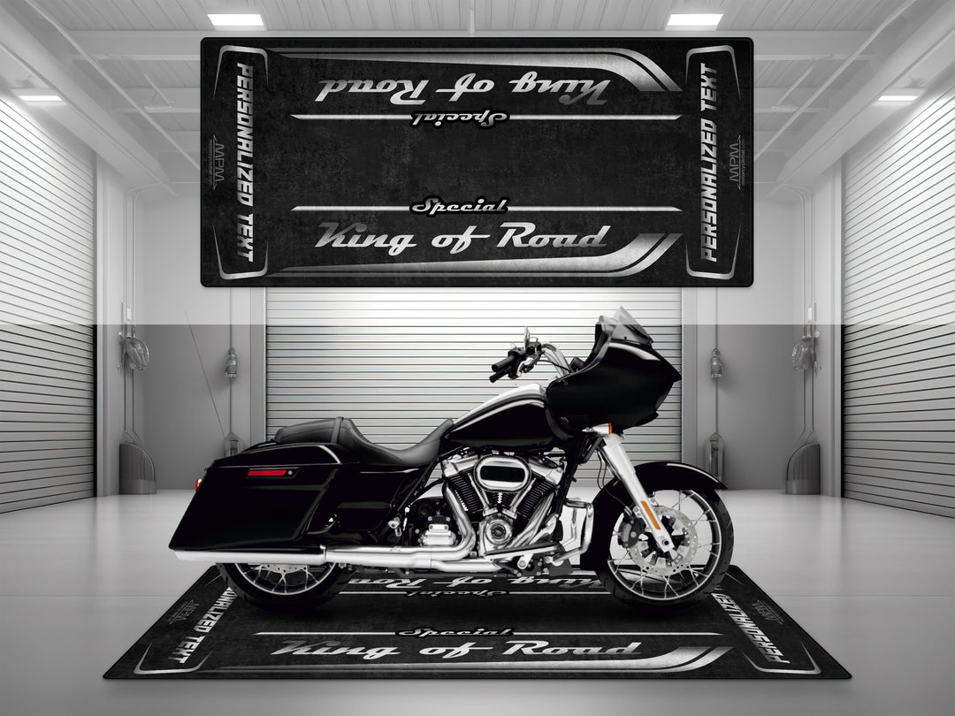 Customizable motorcycle garage pit mat designed for Harley Davidson Road Glide Special in Vivid Black color.