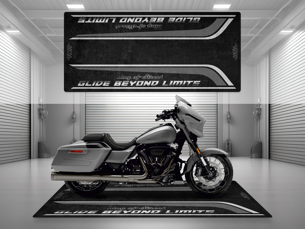 Motorcycle garage pit mat designed for Harley Davidson Street Glide CVO in Dark Platinum color