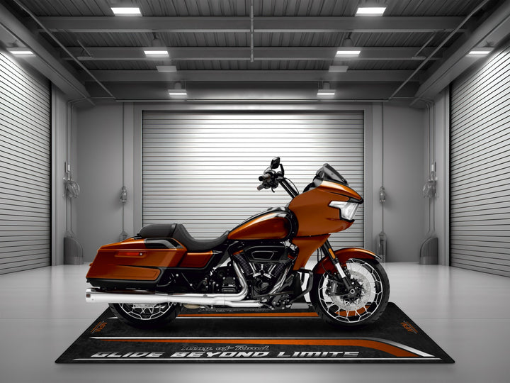 Superbike garage mat designed for Harley Davidson Road Glide CVO Whiskey Neat—rugged accessory for pit mat, track prep, and motorcycle gear setup.