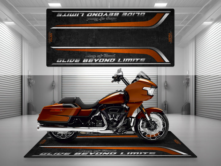 Garage mat made for Harley Davidson Road Glide CVO Whiskey Neat—ideal for protecting your garage floor with premium motorcycle style.