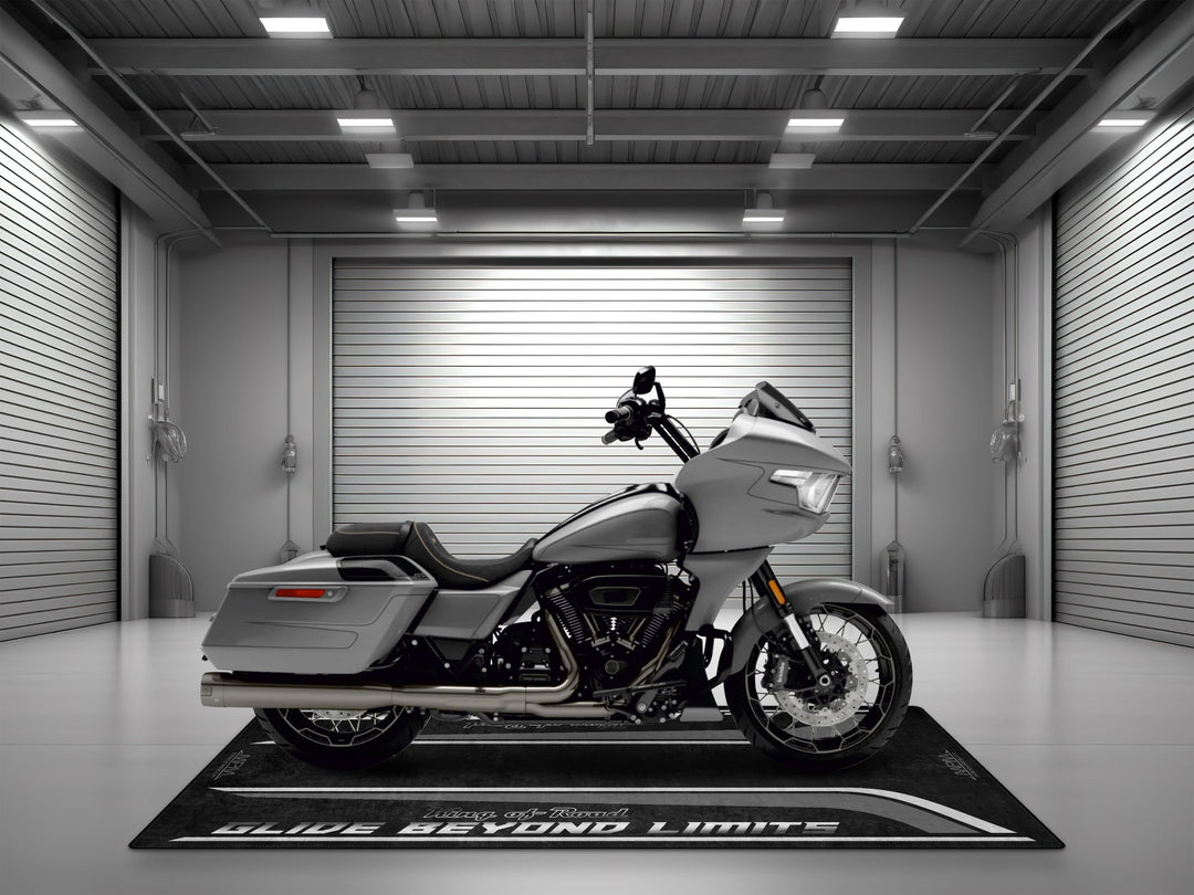 Superbike garage mat for Road Glide CVO Dark Platinum—track prep ready, slip-resistant motorcycle carpet for ultimate showroom style.