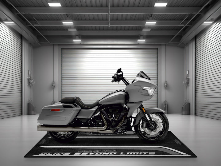 Superbike garage mat for Road Glide CVO Dark Platinum—track prep ready, slip-resistant motorcycle carpet for ultimate showroom style.