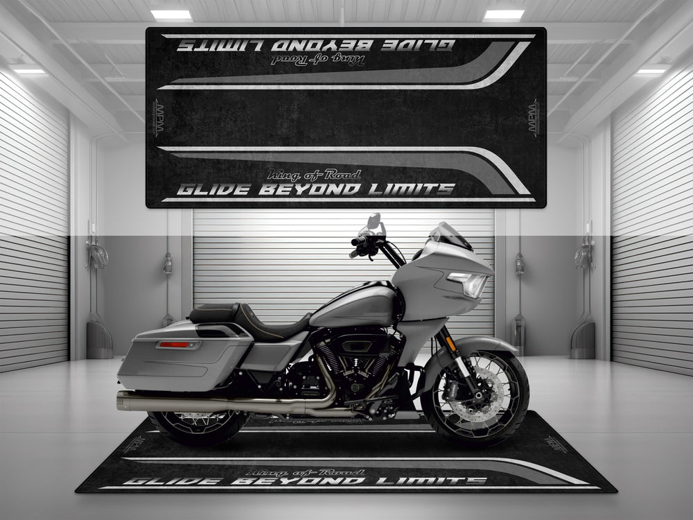 Garage mat for Harley Davidson Road Glide CVO Dark Platinum—ideal for garage floor protection and stylish motorcycle display.