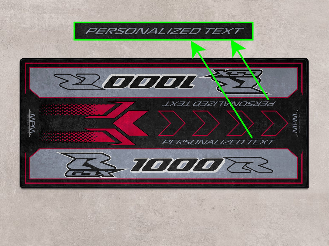 GSX-R1000R parking mat for superbike garage or motorcycle display area. Durable parts-safe Thermoplastic Rubber base.