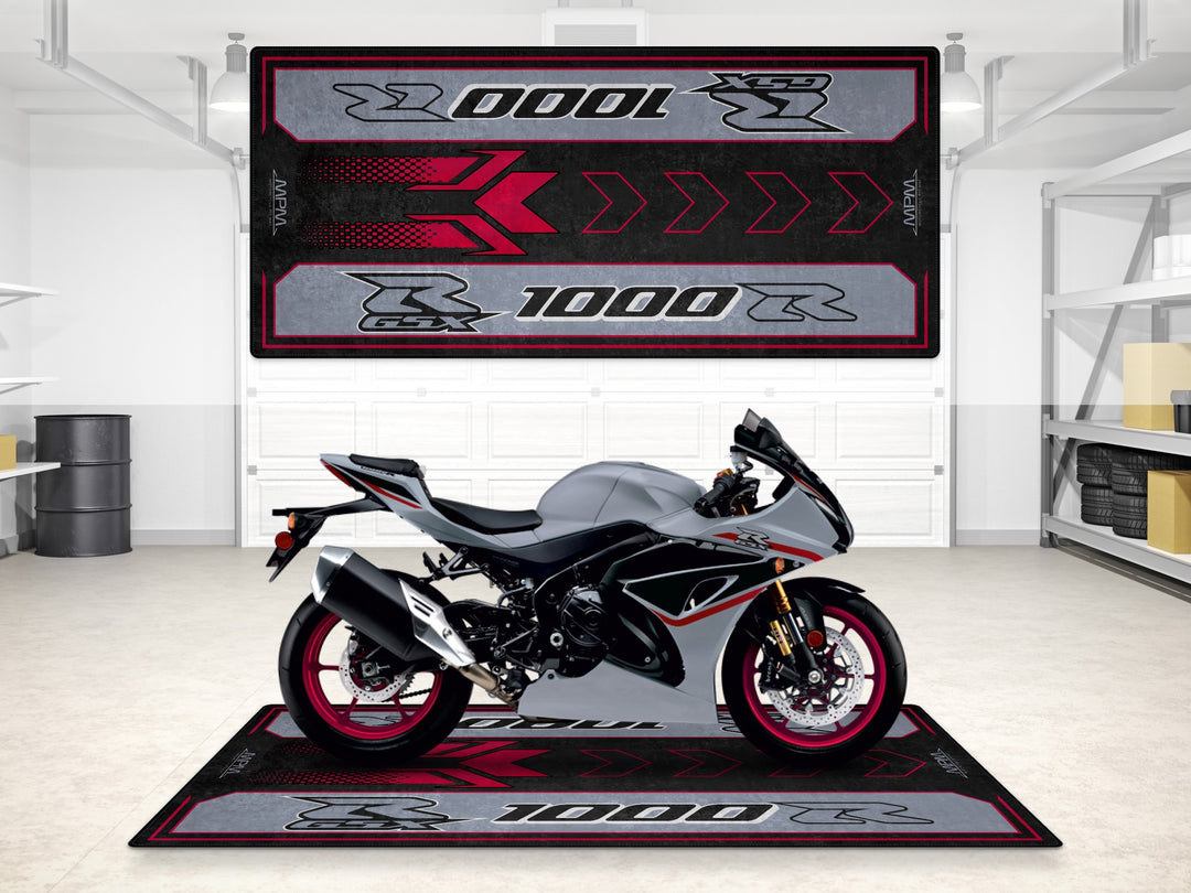Mechanical Gray GSX-R1000R pit mat for racetrack, track prep, and bike zone setups. Perfect motorcycle gear accessory.